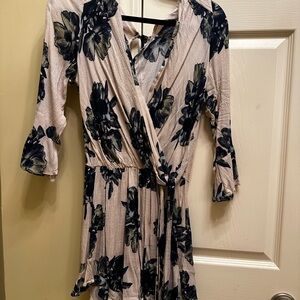 Free People Floral Wrap Romper with Navy and Cream Design